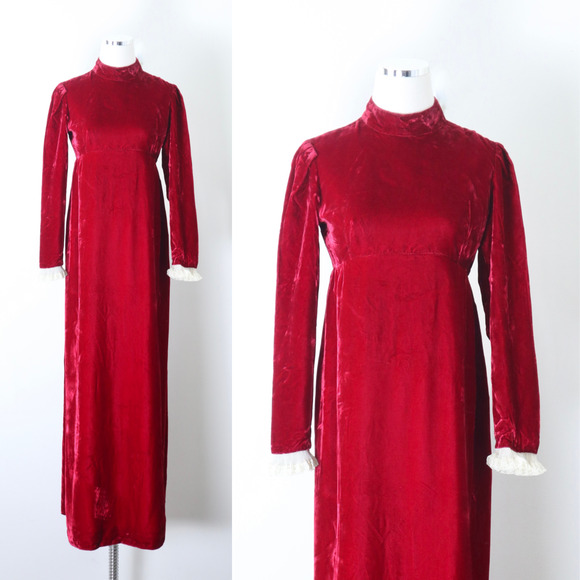 Emma Domb Dresses & Skirts - Vintage 1960s Emma Domb Victorian Revival Velvet Maxi Dress Red Lace Ruffle